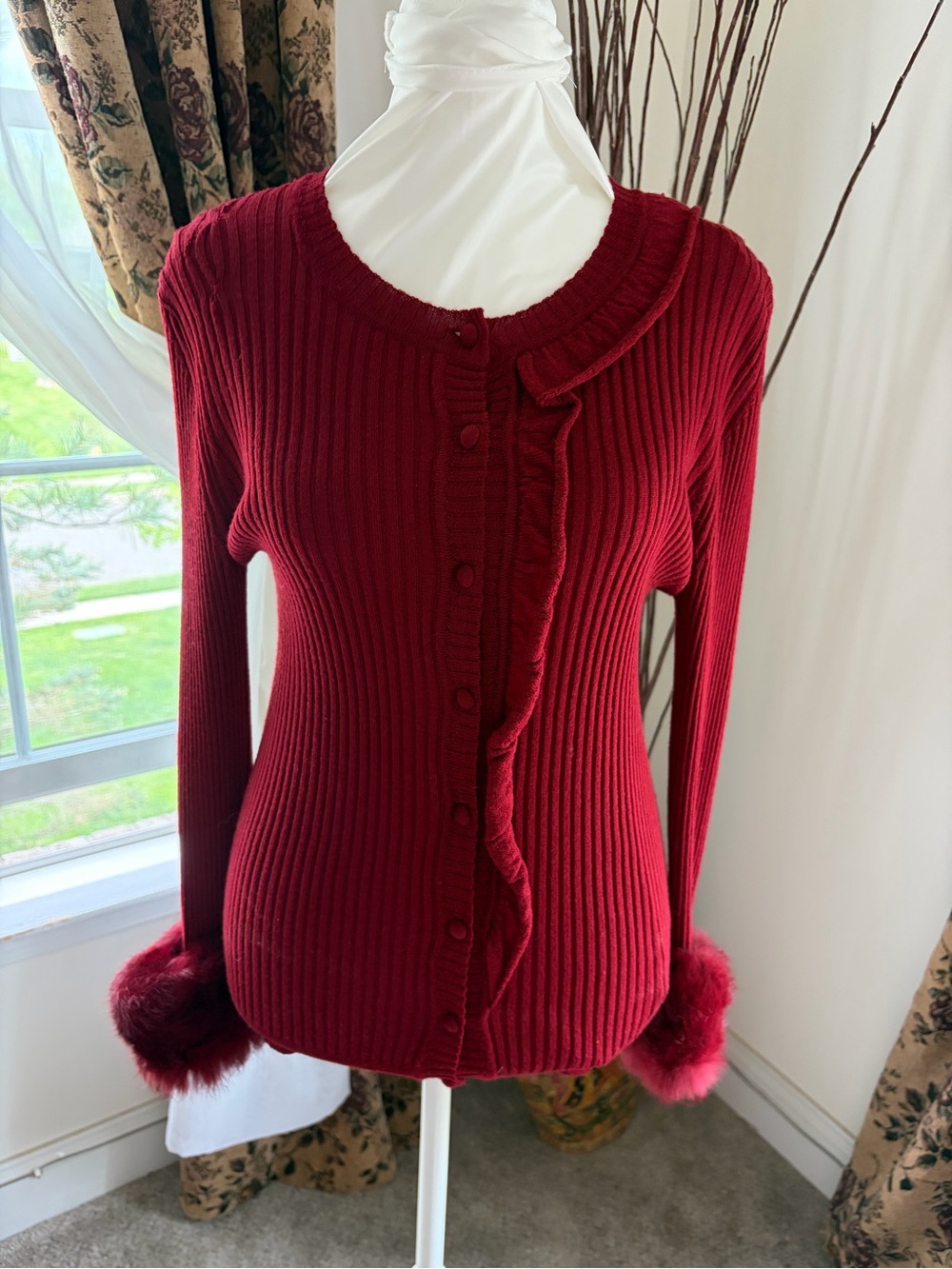 Pinko Red Ribbed Cardigan with Fur Cuffs Made in Italy